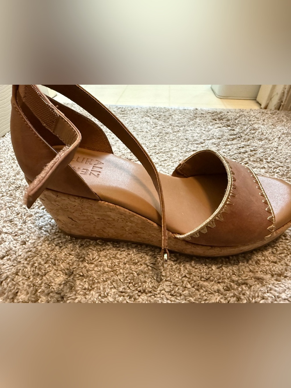Naturalizer Suede Brown Cork Wedge Sandals with Ankle Strap